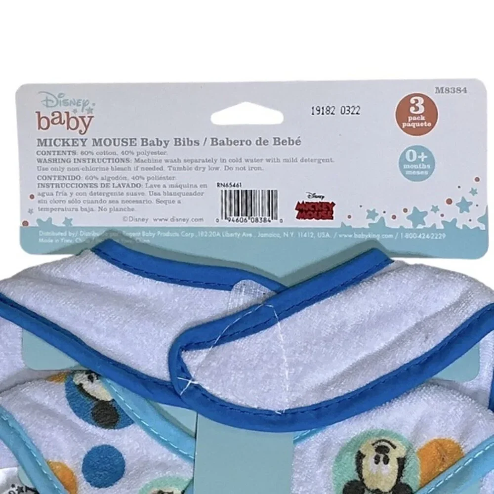 Disney Mickey Mouse Baby Bibs Absorbent Terrycloth VeIcro Closure 3 Pc 0-18 mo
